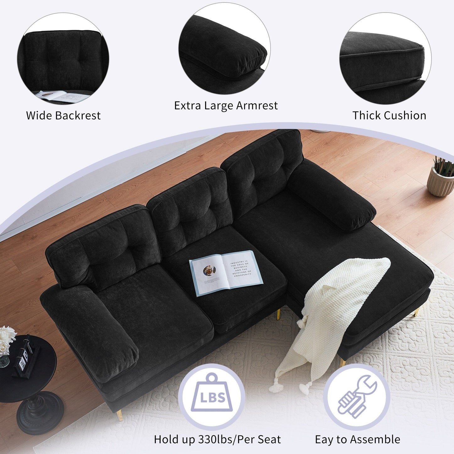 Divani componibili in velluto con braccioli imbottiti e schienale imbottito, divani moderni a L con gambe in metallo