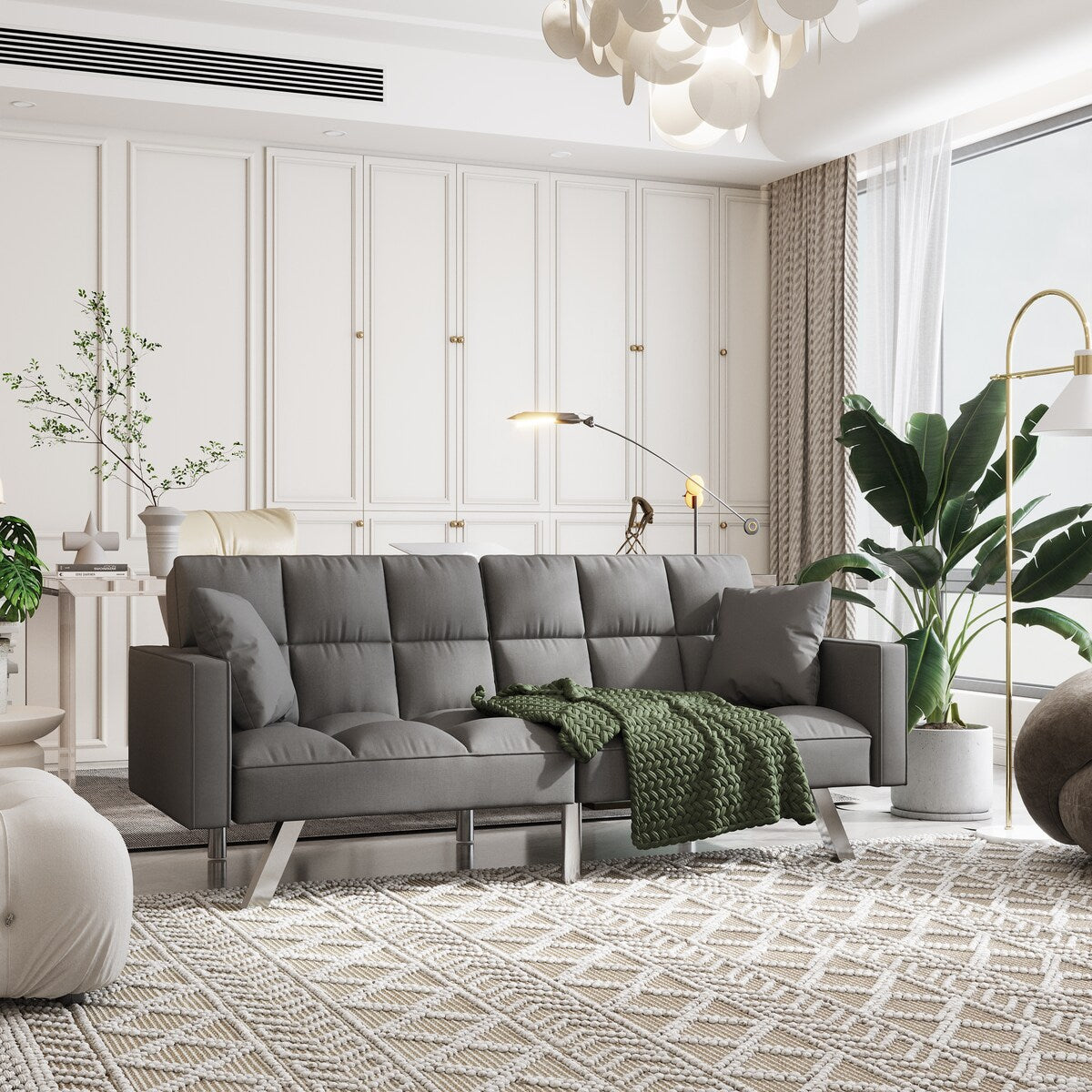 Divano letto in velluto con braccioli e 2 cuscini