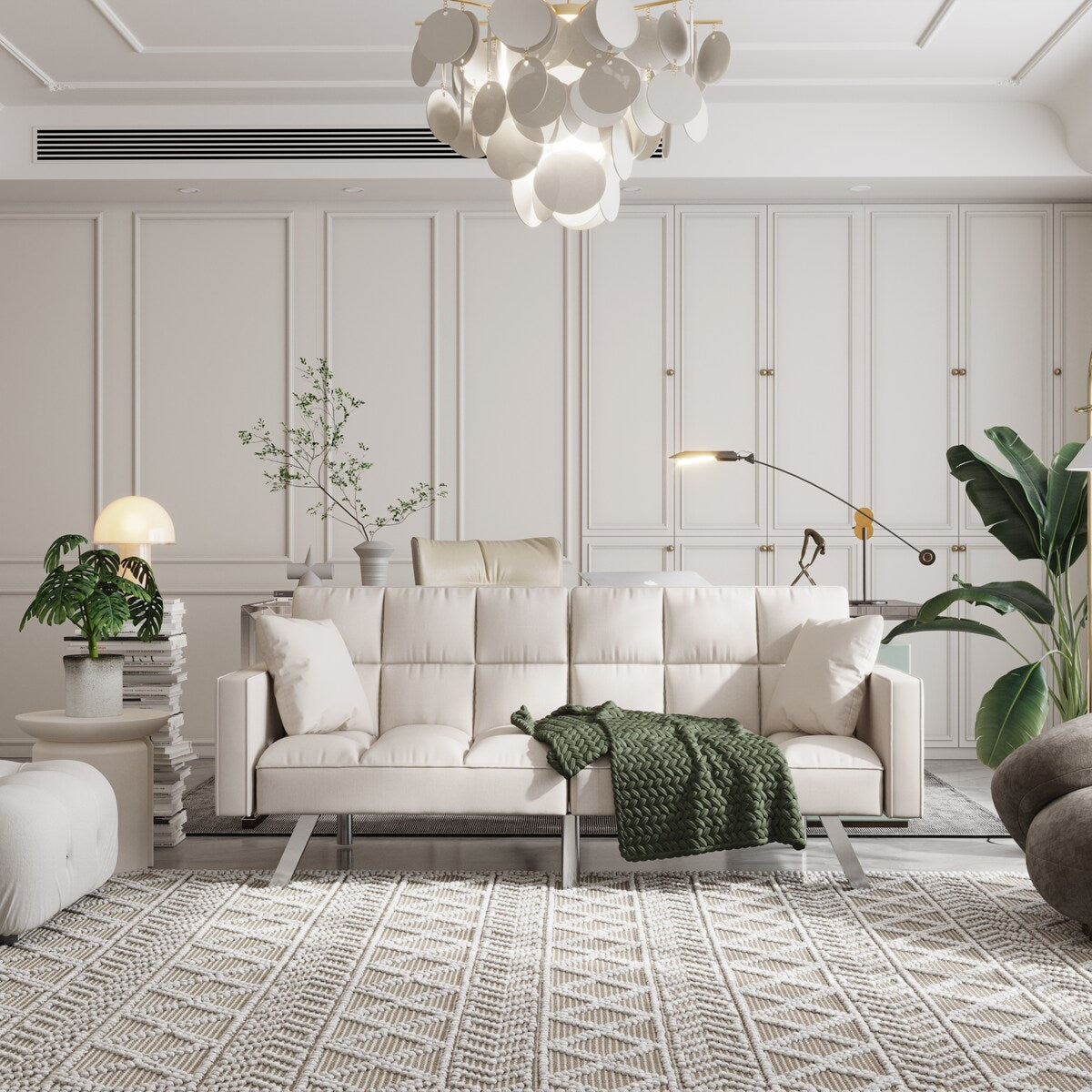 Divano letto in velluto con braccioli e 2 cuscini