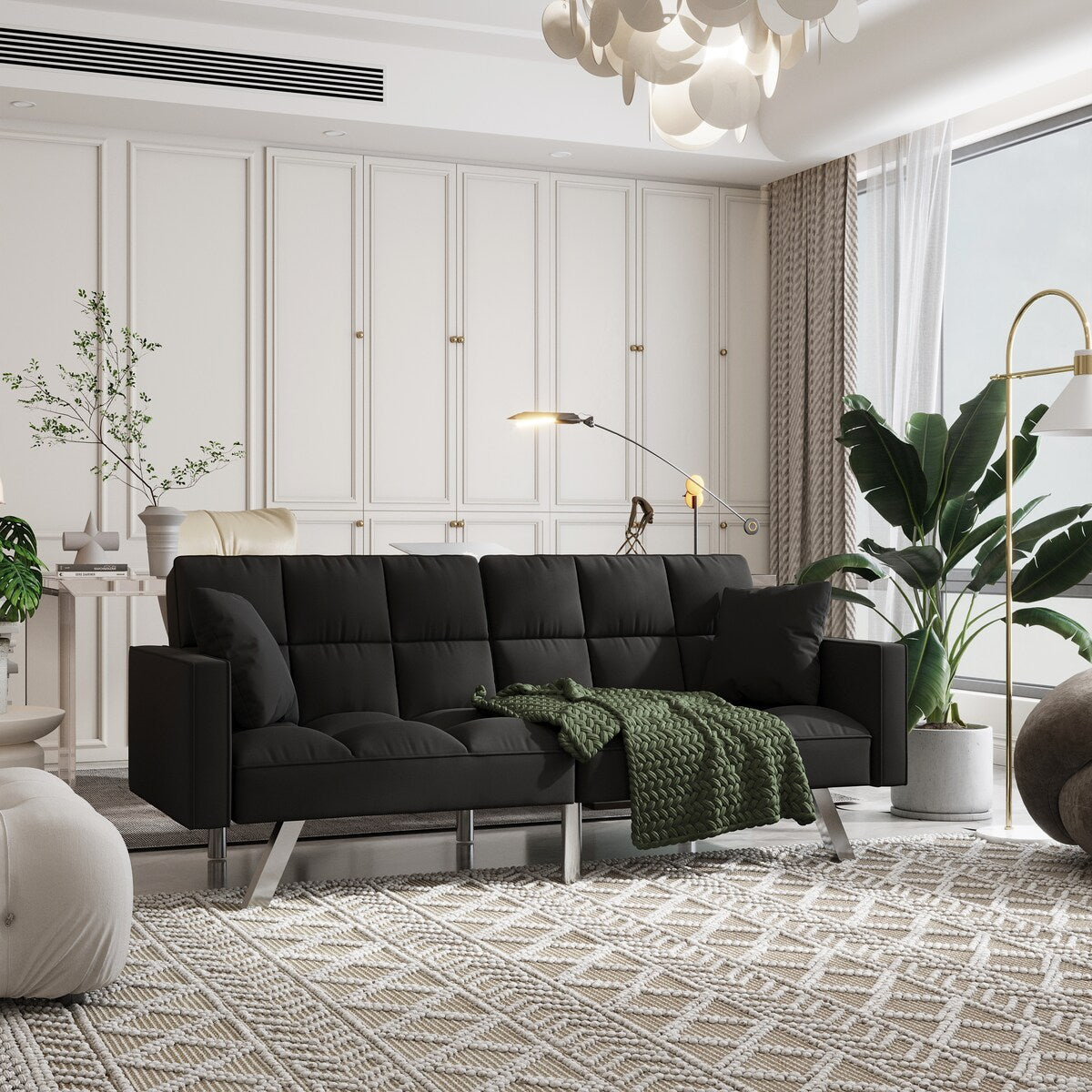 Divano letto in velluto con braccioli e 2 cuscini