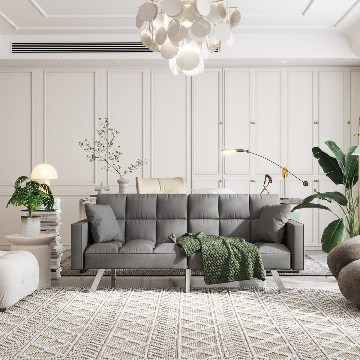 Divano letto in velluto con braccioli e 2 cuscini