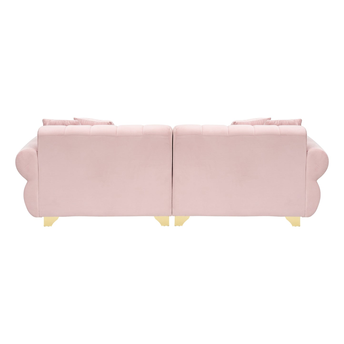 Divano in velluto con braccioli rotondi e schienale trapuntato a canale, divano con seduta profonda, gambe in metallo e 4 cuscini decorativi