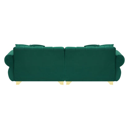 Divano in velluto con braccioli rotondi e schienale trapuntato a canale, divano con seduta profonda, gambe in metallo e 4 cuscini decorativi