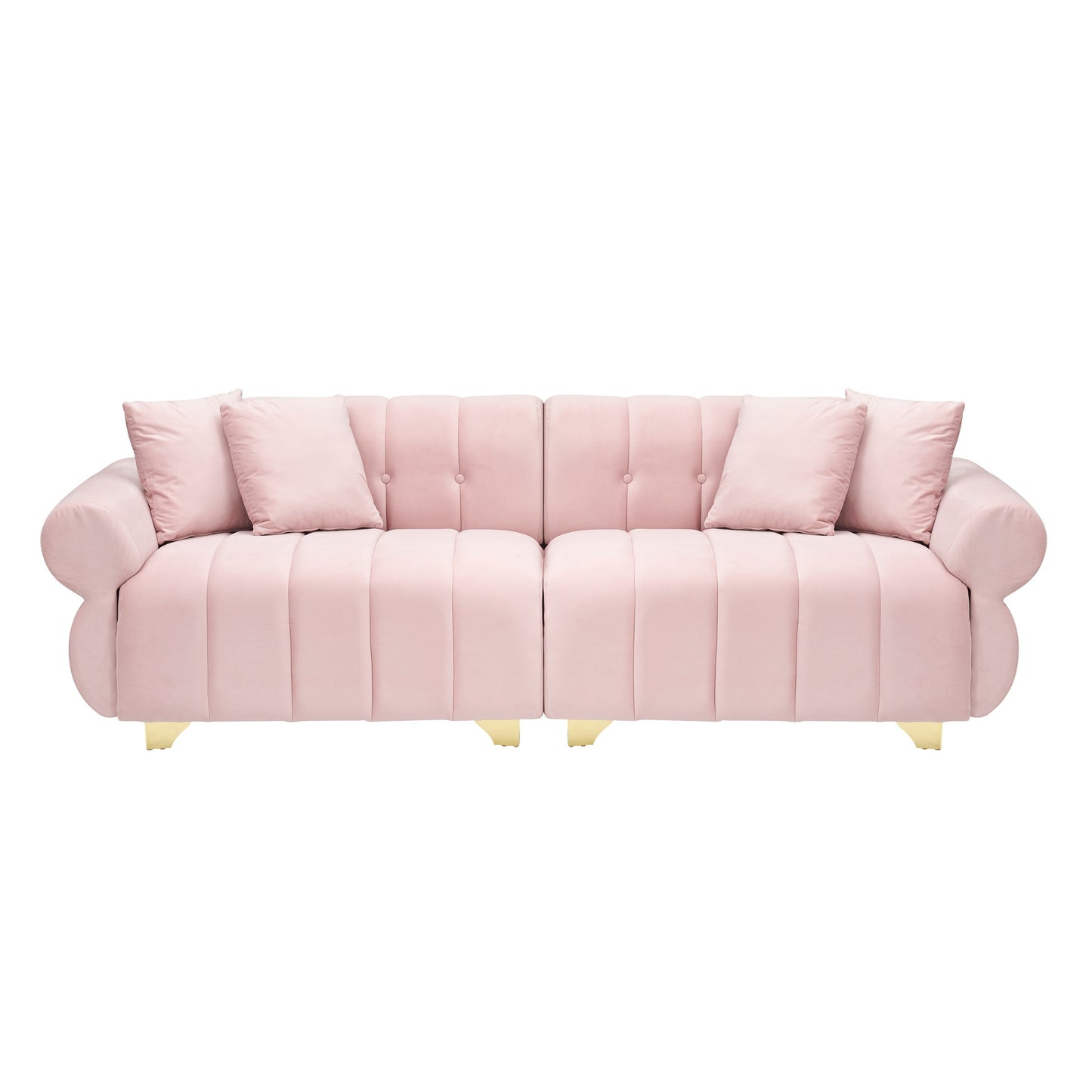 Divano in velluto con braccioli rotondi e schienale trapuntato a canale, divano con seduta profonda, gambe in metallo e 4 cuscini decorativi