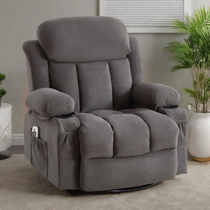 Poltrona reclinabile girevole in velluto con massaggio e calore, rotazione a 360°, porta di ricarica USB, doppio portabicchieri