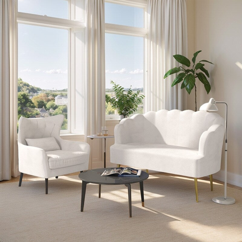 Divano a due posti con cuscino spesso in velluto e gambe in metallo