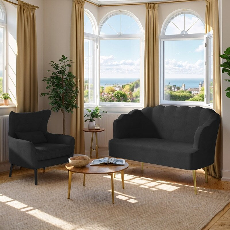 Divano a due posti con cuscino spesso in velluto e gambe in metallo