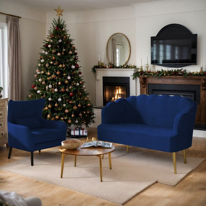 Divano a due posti con cuscino spesso in velluto e gambe in metallo