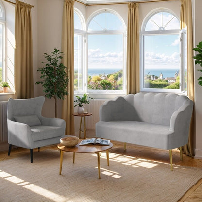 Divano a due posti con cuscino spesso in velluto e gambe in metallo