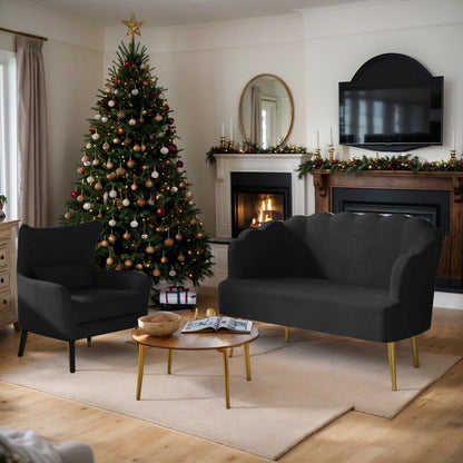 Divano a due posti con cuscino spesso in velluto e gambe in metallo