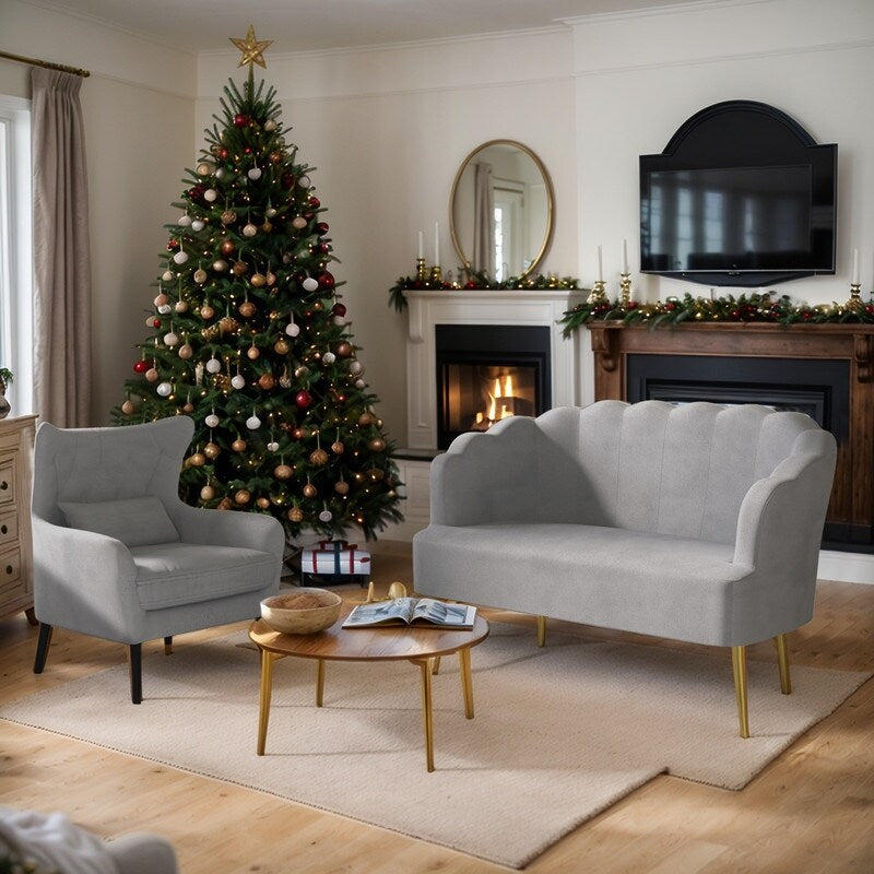 Divano a due posti con cuscino spesso in velluto e gambe in metallo