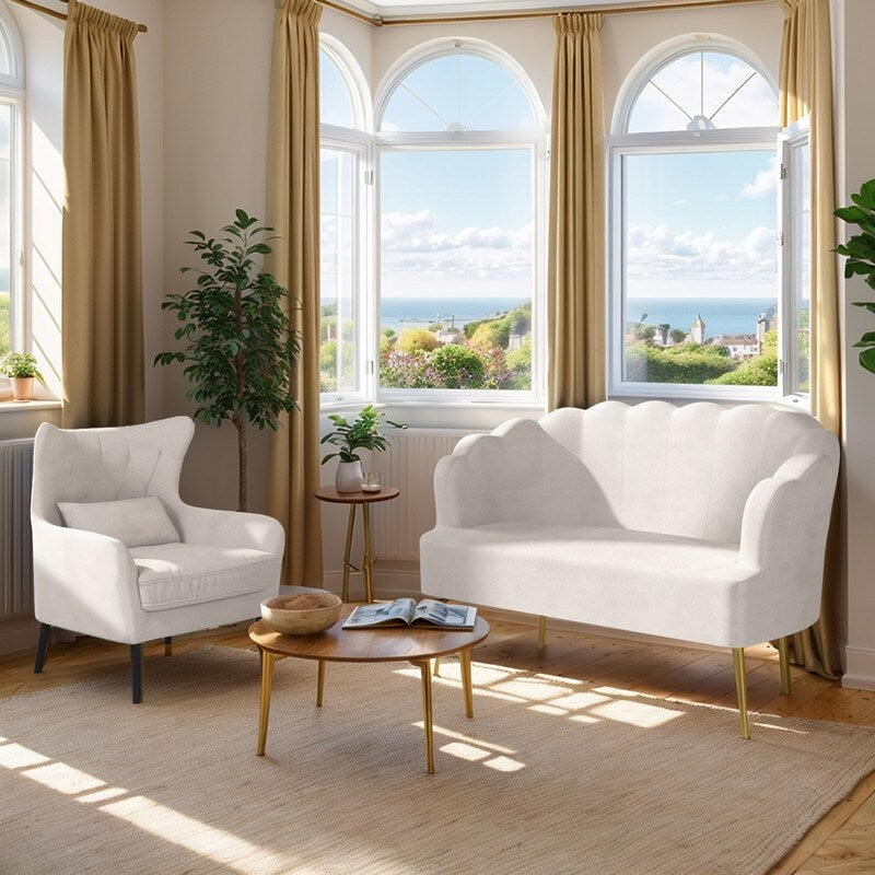 Divano a due posti con cuscino spesso in velluto e gambe in metallo