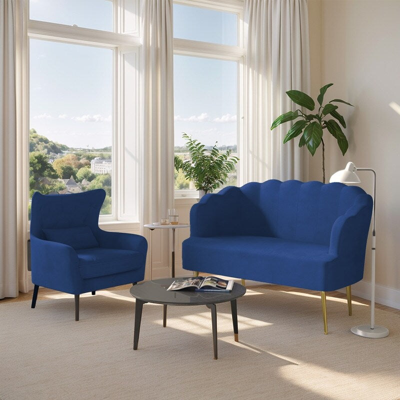 Divano a due posti con cuscino spesso in velluto e gambe in metallo