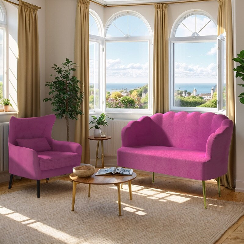 Divano a due posti con cuscino spesso in velluto e gambe in metallo