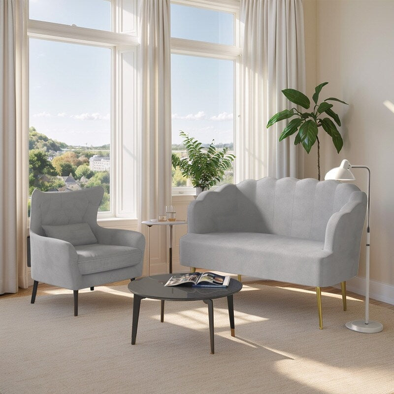 Divano a due posti con cuscino spesso in velluto e gambe in metallo