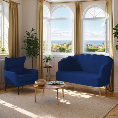 Divano a due posti con cuscino spesso in velluto e gambe in metallo