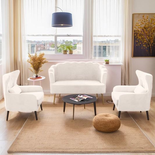 Divano a due posti con due poltrone e cuscino spesso in velluto e gambe in metallo