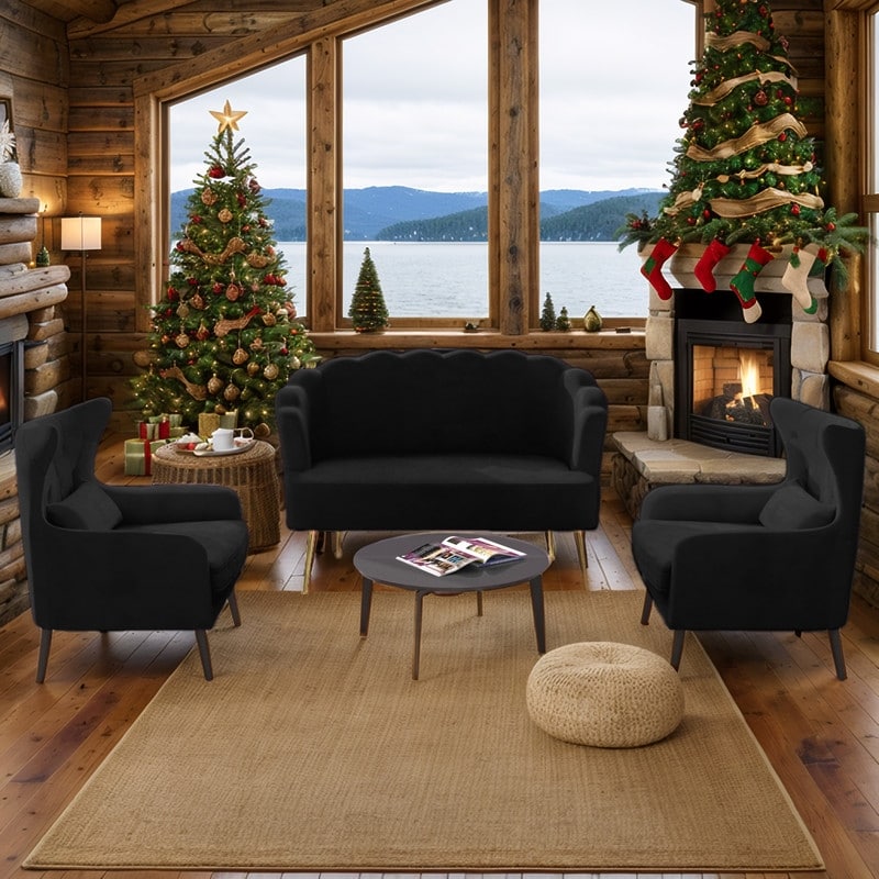 Divano a due posti con due poltrone e cuscino spesso in velluto e gambe in metallo