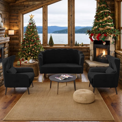 Divano a due posti con due poltrone e cuscino spesso in velluto e gambe in metallo