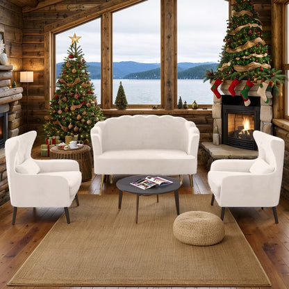 Divano a due posti con due poltrone e cuscino spesso in velluto e gambe in metallo