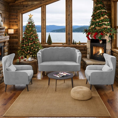 Divano a due posti con due poltrone e cuscino spesso in velluto e gambe in metallo