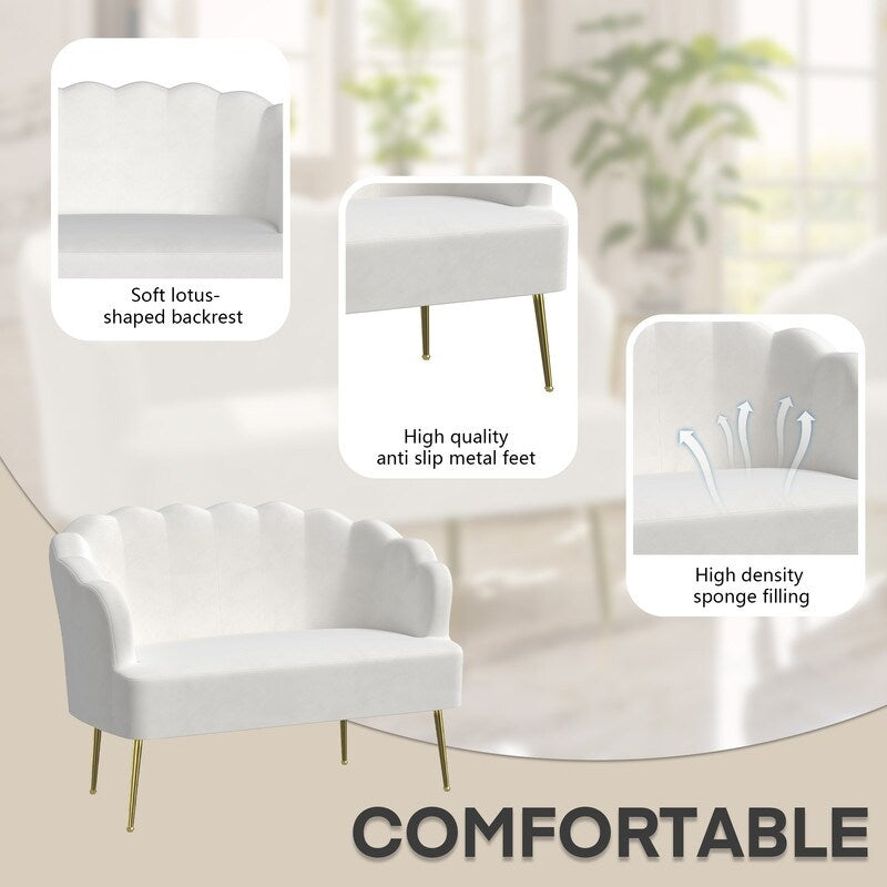 Divano a due posti con due poltrone e cuscino spesso in velluto e gambe in metallo