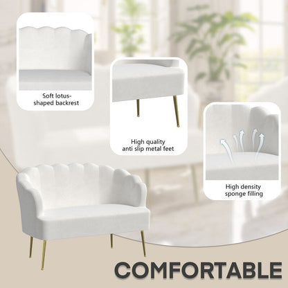 Divano a due posti con due poltrone e cuscino spesso in velluto e gambe in metallo