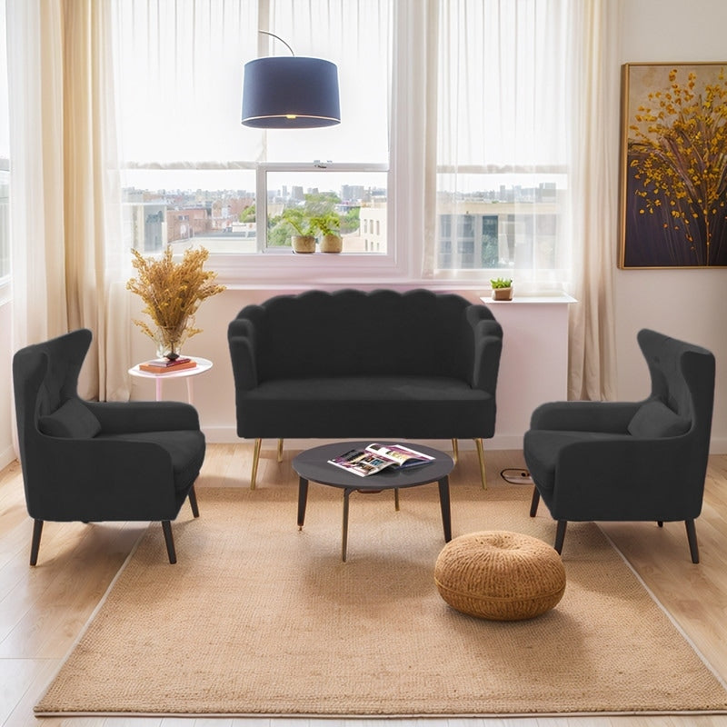 Divano a due posti con due poltrone e cuscino spesso in velluto e gambe in metallo