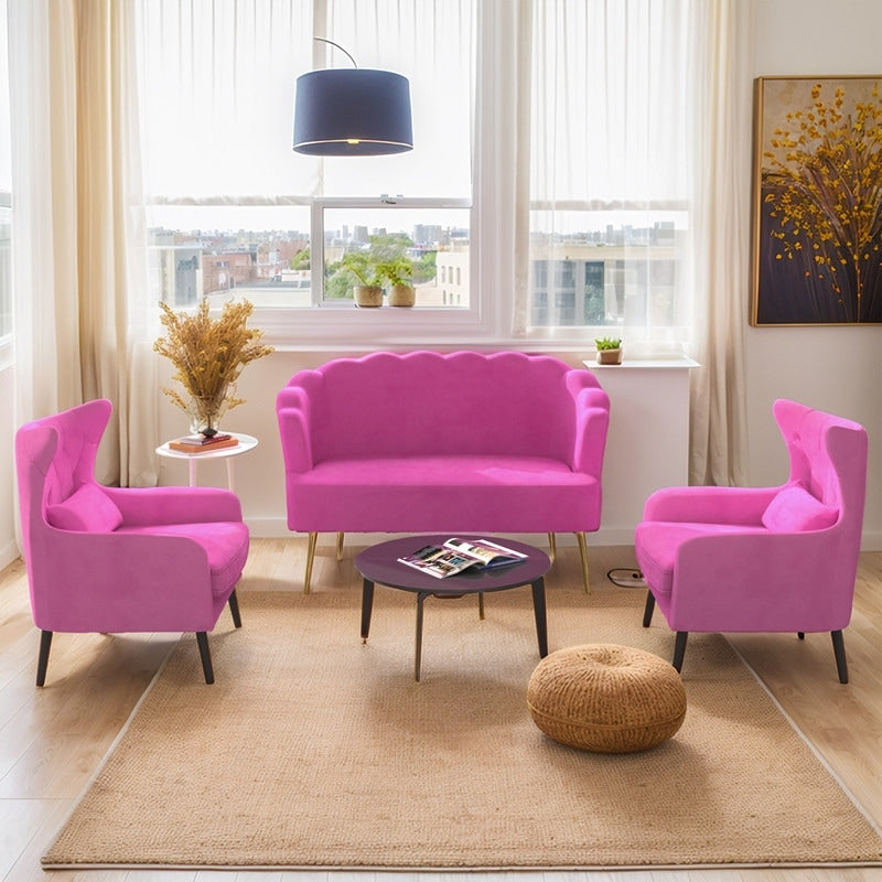 Divano a due posti con due poltrone e cuscino spesso in velluto e gambe in metallo