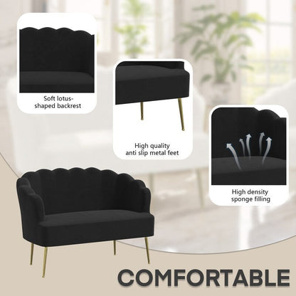 Divano a due posti con due poltrone e cuscino spesso in velluto e gambe in metallo