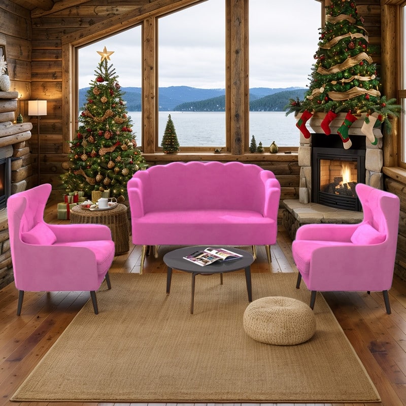 Divano a due posti con due poltrone e cuscino spesso in velluto e gambe in metallo