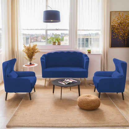 Divano a due posti con due poltrone e cuscino spesso in velluto e gambe in metallo