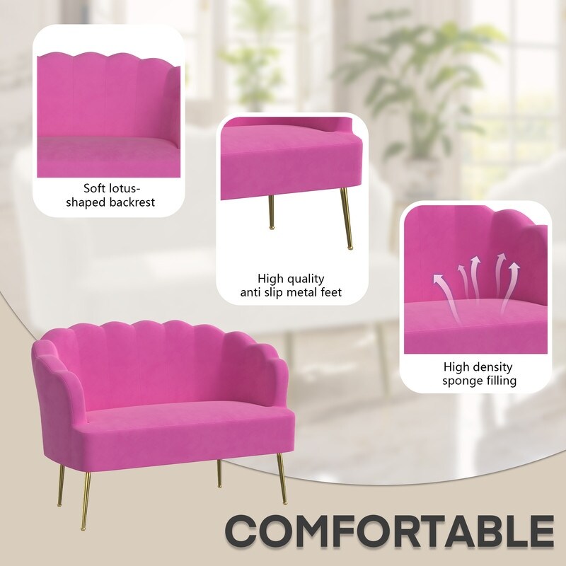 Divano a due posti con due poltrone e cuscino spesso in velluto e gambe in metallo