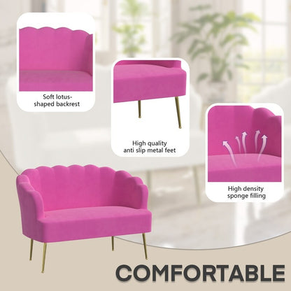 Divano a due posti con due poltrone e cuscino spesso in velluto e gambe in metallo