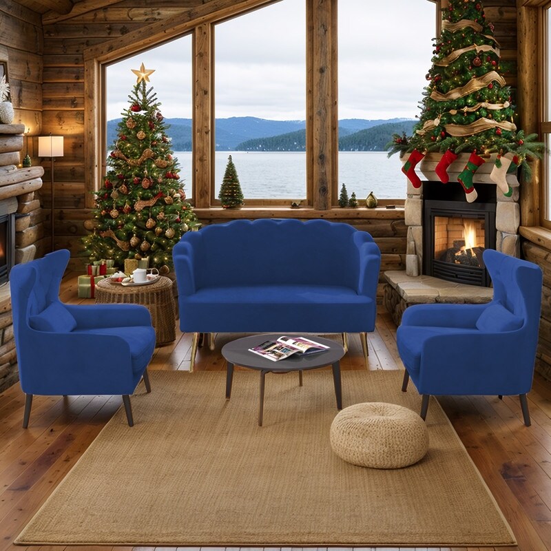 Divano a due posti con due poltrone e cuscino spesso in velluto e gambe in metallo