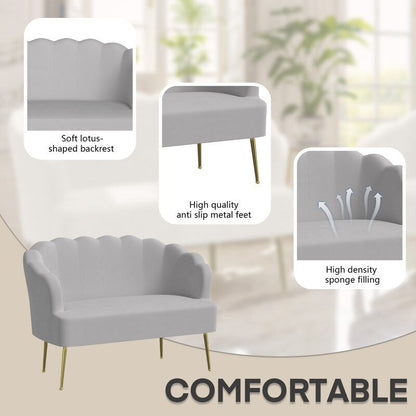 Divano a due posti con due poltrone e cuscino spesso in velluto e gambe in metallo