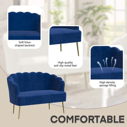 Divano a due posti con due poltrone e cuscino spesso in velluto e gambe in metallo