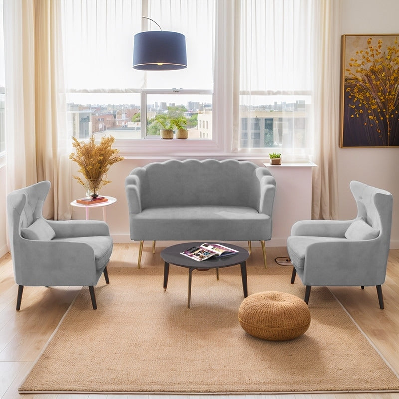 Divano a due posti con due poltrone e cuscino spesso in velluto e gambe in metallo