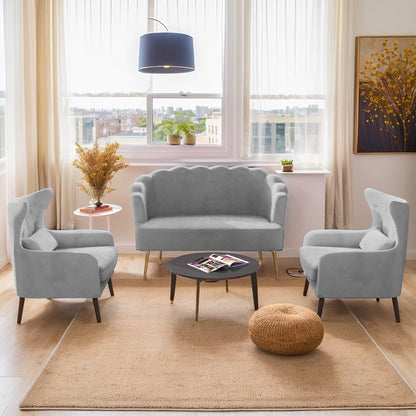 Divano a due posti con due poltrone e cuscino spesso in velluto e gambe in metallo