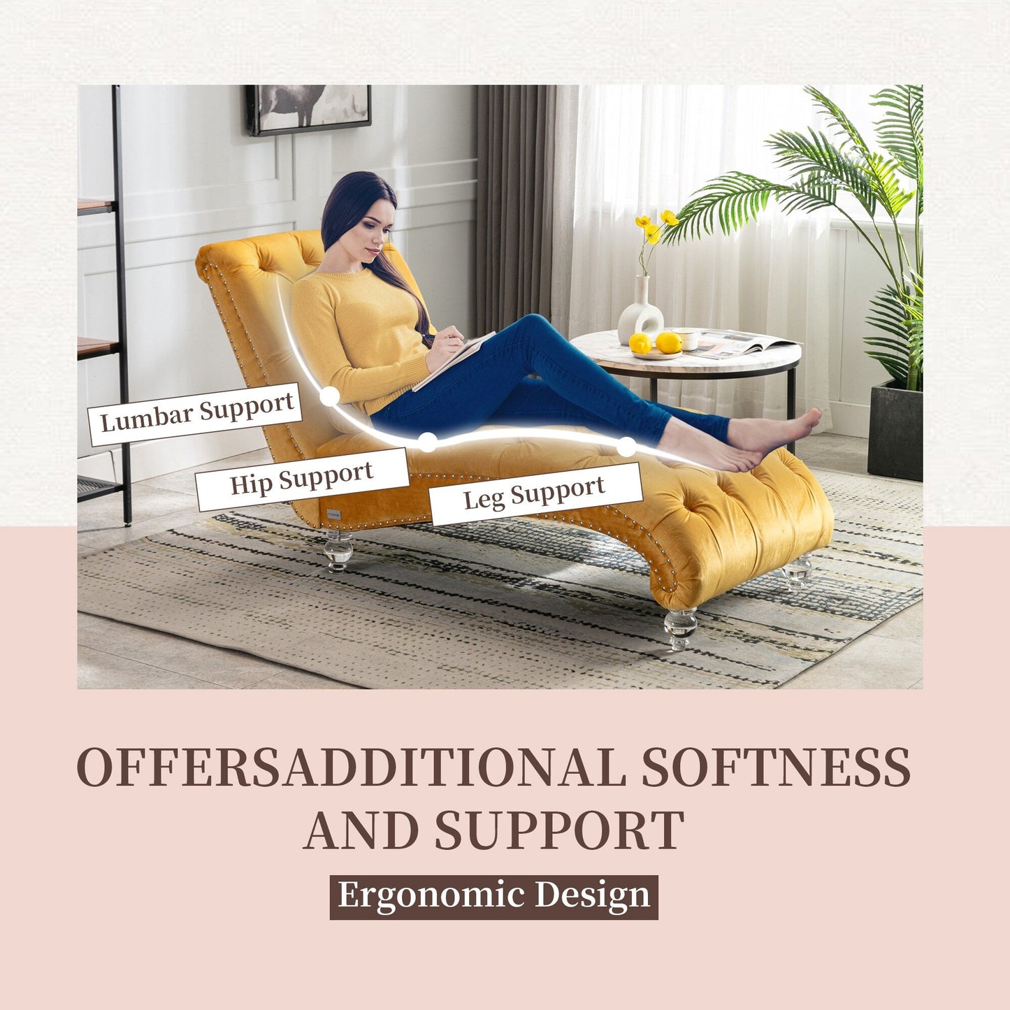 Poltrona reclinabile ergonomica a forma di S con cuscino, finiture con borchie e gambe in acrilico per uso interno.