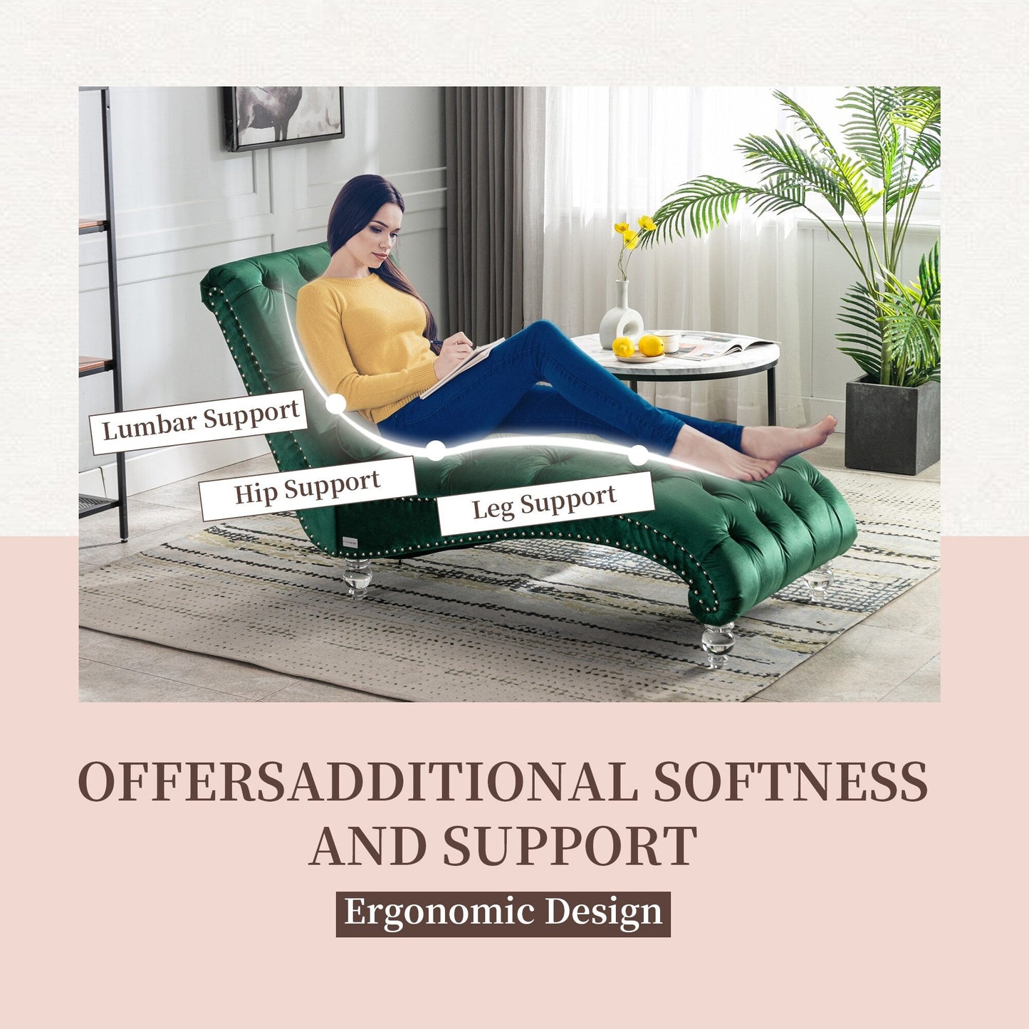 Poltrona reclinabile ergonomica a forma di S con cuscino, finiture con borchie e gambe in acrilico per uso interno.