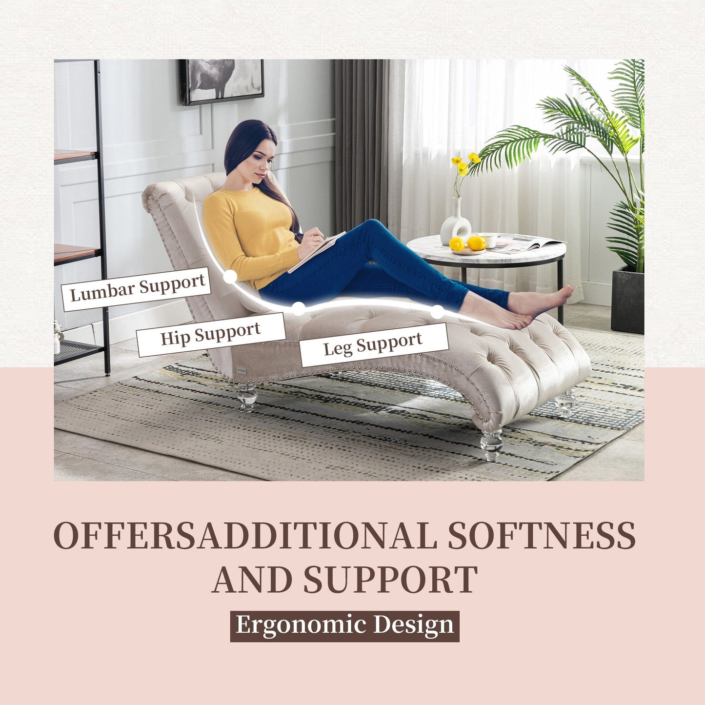 Poltrona reclinabile ergonomica a forma di S con cuscino, finiture con borchie e gambe in acrilico per uso interno.