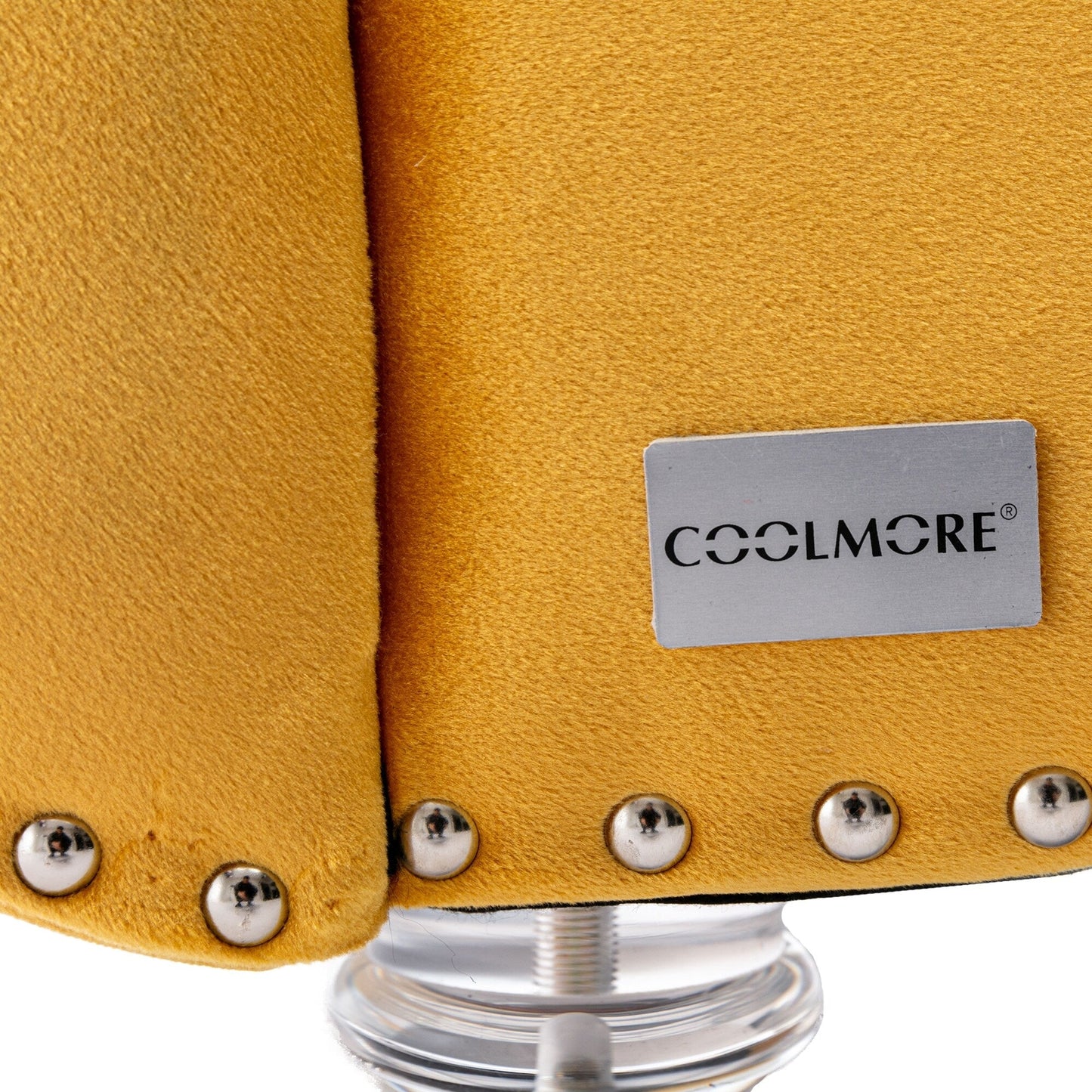 Poltrona reclinabile ergonomica a forma di S con cuscino, finiture con borchie e gambe in acrilico per uso interno.