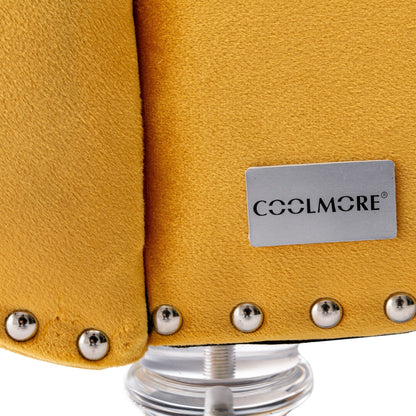 Poltrona reclinabile ergonomica a forma di S con cuscino, finiture con borchie e gambe in acrilico per uso interno.