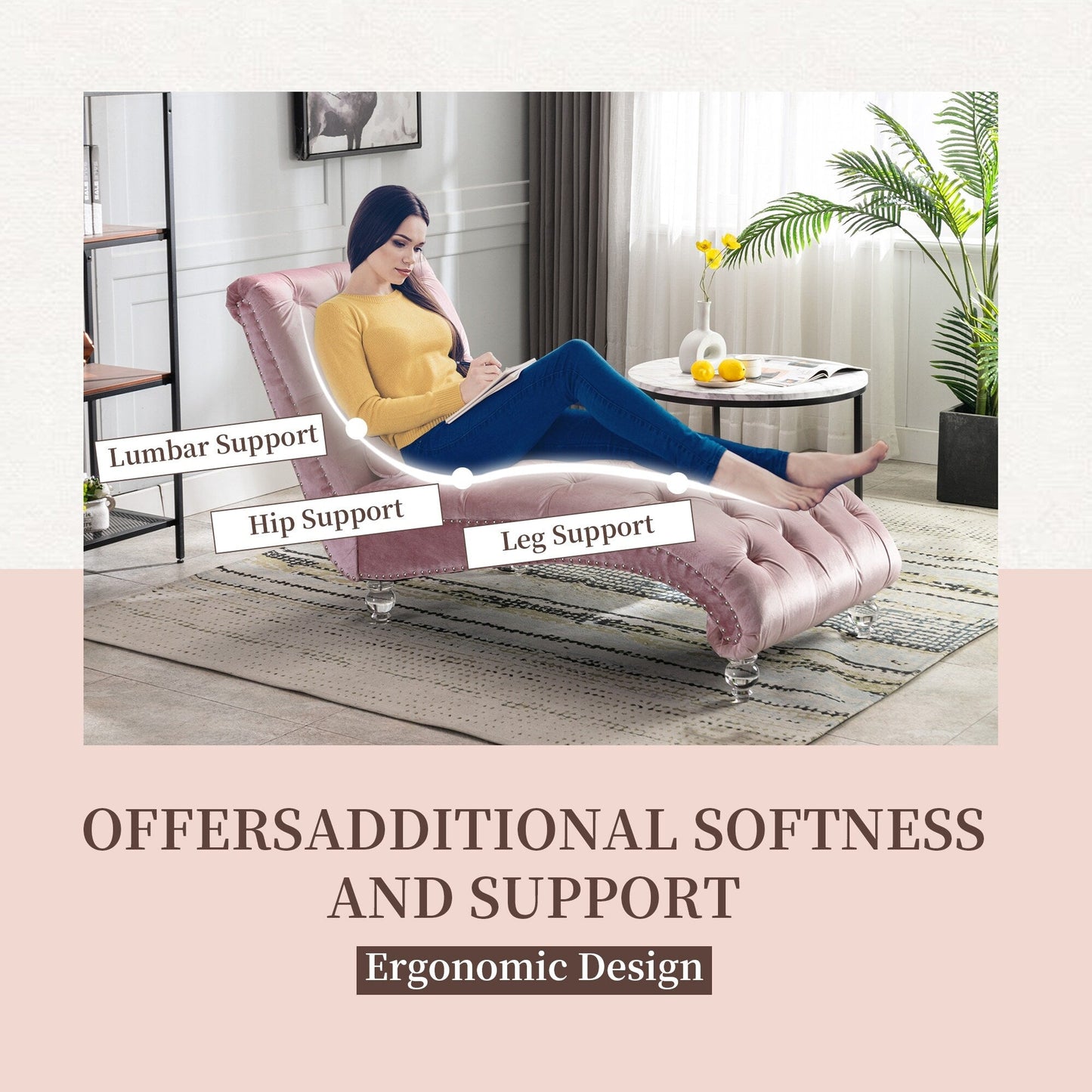 Poltrona reclinabile ergonomica a forma di S con cuscino, finiture con borchie e gambe in acrilico per uso interno.