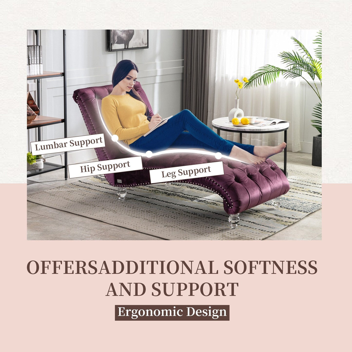 Poltrona reclinabile ergonomica a forma di S con cuscino, finiture con borchie e gambe in acrilico per uso interno.