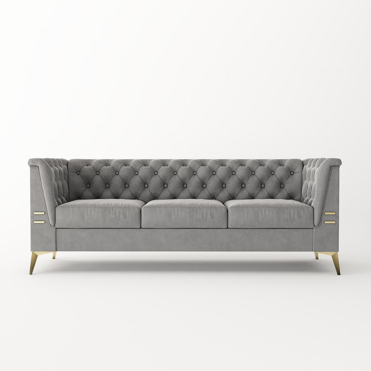 Divano a 3 posti imbottito in velluto, divano moderno per soggiorno con trapuntatura profonda e gambe in metallo, braccioli quadrati