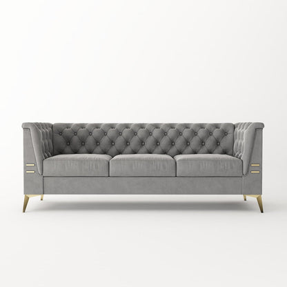 Divano a 3 posti imbottito in velluto, divano moderno per soggiorno con trapuntatura profonda e gambe in metallo, braccioli quadrati