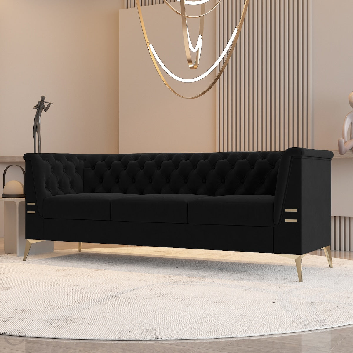 Divano a 3 posti imbottito in velluto, divano moderno per soggiorno con trapuntatura profonda e gambe in metallo, braccioli quadrati