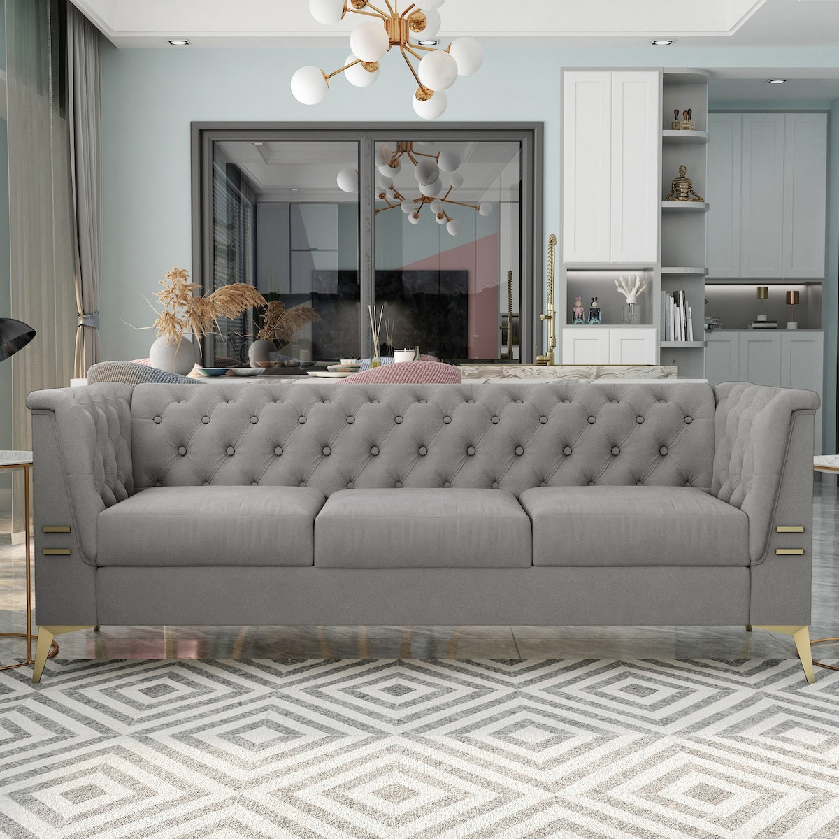 Divano a 3 posti imbottito in velluto, divano moderno per soggiorno con trapuntatura profonda e gambe in metallo, braccioli quadrati